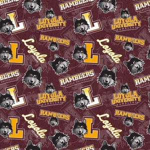 Tessuti per trapuntatura in cotone ufficiali con licenza dell'Università di Loyola Chicago - Tessuto in cotone tono su tono Loyola Ramblers, venduto tagliato su misura