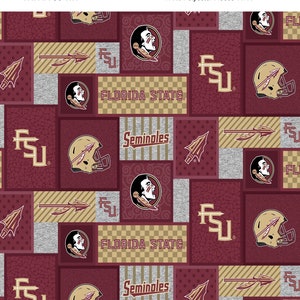 Tessuto in pile con licenza ufficiale della Florida State University - FSU Seminoles College Patch Fleece Venduto tagliato su misura