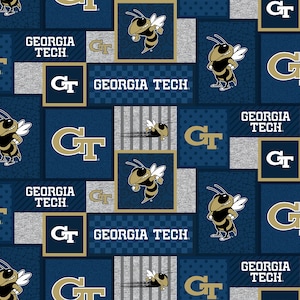 Official Licensed Georgia Tech Fleece Fabric-Georgia Tech Yellow Jackets College Patch Fleece Sold by the Yard