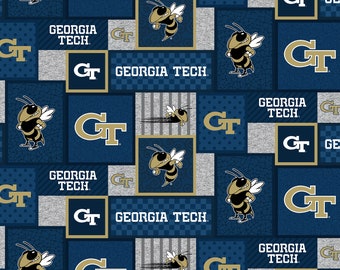 Official Licensed Georgia Tech Fleece Fabric-Georgia Tech Yellow Jackets College Patch Fleece Sold by the Yard