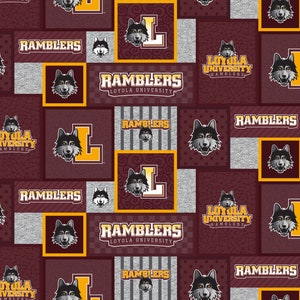 Tessuto in pile con licenza ufficiale della Loyola University - Pile con toppa del college Loyola Ramblers Venduto tagliato su misura