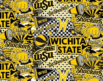 May include: A black and yellow repeating pattern with the words "Wichita State" and "Shockers" in a bold font. The pattern also includes a basketball, a wheat stalk, a fist, and a cartoon mascot.