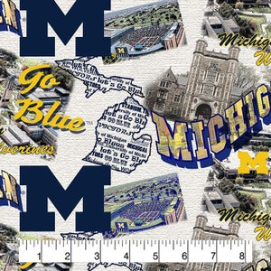 Tecidos oficiais licenciados de algodão para quilting da Universidade de Michigan - Tecido de algodão com mapa cênico dos Michigan Wolverines vendido por metro