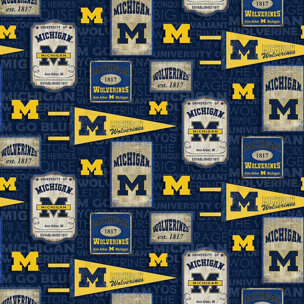 Tissus de courtepointe en coton officiels sous licence de l'Université du Michigan - Tissu en coton fanion vintage Wolverines du Michigan vendu par mètre