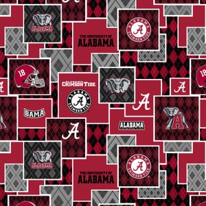Official Licensed University of Alabama Cotton Quilting Fabrics-Alabama Crimson Tide Argyle Boxes Cotton Fabric Sold by the Yard