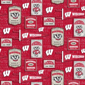 Official Licensed University of Wisconsin Cotton Quilting Fabrics-Wisconsin Badgers Vintage Pennant Cotton Fabric Sold by the Yard
