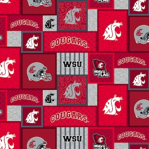 Official Licensed Washington State University Fleece Fabric- Washington State Cougars College Patch Fleece Sold by the Yard