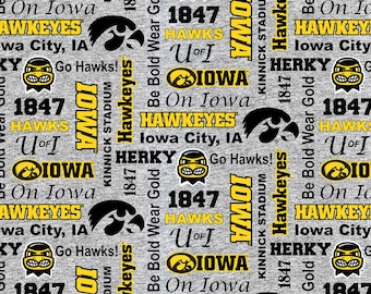 Official Licensed University of Iowa Fleece Fabric- Iowa Hawkeyes Heather Verbiage Fleece Sold by the Yard