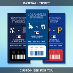 Puede incluir: Tres boletos de béisbol con logotipos de equipos y detalles del juego. Los boletos presentan a los Yankees de Nueva York, los Dodgers de Los Ángeles y los Cachorros de Chicago. Cada boleto incluye el nombre del estadio, la fecha, la hora y la información del asiento.