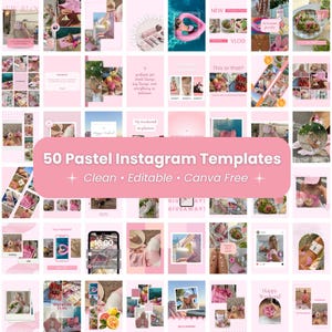 May include: A collection of 50 pastel Instagram templates in shades of pink and white. The templates are clean, editable, and Canva-free, with various layouts for photos, text, and graphics. The image includes the text "50 Pastel Instagram Templates".