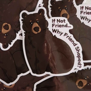 May include: A sticker featuring a cartoon brown bear with the text "If Not Friend... Why Friend Shaped?"