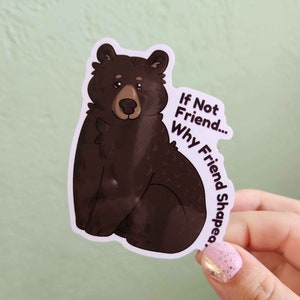 May include: A brown bear sticker with the text "If Not Friend... Why Friend Shaped."