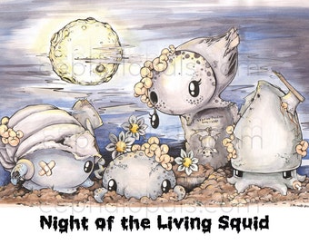 Cephalopal Zombies in “Night of the Living Squid” Print