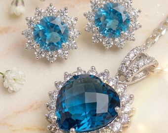 Natural Swiss Blue Topaz Jewelry Set in 925 Sterling Silver | Blue Topaz Heart Pendant Necklace & Earrings, December Birthstone Gift for Her
