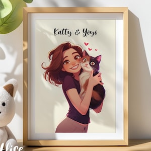 Cat & Owner Portrait : Personalized Pet Illustration Custom Portrait Commission (Pet Portrait, Cat Drawing, Cat Illustration, Pet Memorial)