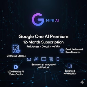 Peut inclure: Publicité numérique pour Google One AI Premium, un abonnement de 12 mois. Le visuel présente le logo Google, le texte "MINI AI" et des détails sur l'abonnement, notamment 2 To de stockage cloud et 1 000 crédits vidéo IA mensuels.