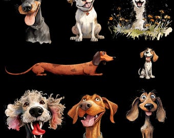 Dibujos de razas de perros divertidas en acuarela: Cachorros de caricatura (52 PNG) (Descarga digital)