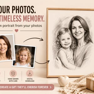 Peut inclure: Un service de portrait personnalisé présentant deux photos originales d'une femme et d'un enfant, ainsi qu'un croquis au fusain des mêmes sujets dans un cadre en bois. Le texte indique : YOUR PHOTOS. ONE TIMELESS MEMORY. Custom portrait from your photos.