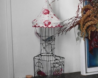 Wire Bird cage with 2 birds, work with beads and vintage fabric. Unique piece, Free Shipping