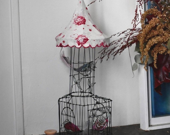 Wire Bird cage with 2 birds, work with beads and vintage fabric. Unique piece, Free Shipping