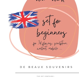 May include: A pink and orange abstract graphic with the text "wire work set for beginners" and "for 3d flowers, sculpture, wallart, mobile..."  The text "DE BEAUX SOUVENIRS" is below the graphic.  The text "THE SET CONTAINS:" is above a list of wire gauge sizes and lengths: "Annealed Wire Assortment: Ø 22 gauge 3.5 oz Ø 17 gauge 65 ft Ø 15 gauge 32 ft" and "tips and techniques for getting started".  The text "Be creative" is below the list with a small orange circle.