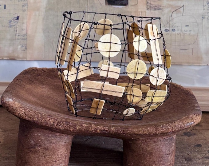Wire basket sculpture with 19th-century antique bone counters, One of a kind upcycled art object, Minimalist wire art