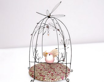 Rose and Liberty wire cage, annealed wire sculpture, bird cage, wedding gift, birth gift.