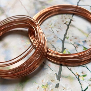 Peut inclure: Deux bobines de fil de cuivre, étroitement enroulées, sont présentées sur un fond floral. Le fil est de couleur brun rougeâtre chaud et semble lisse. Les bobines sont probablement utilisées pour la fabrication de bijoux ou d'autres projets d'artisanat.