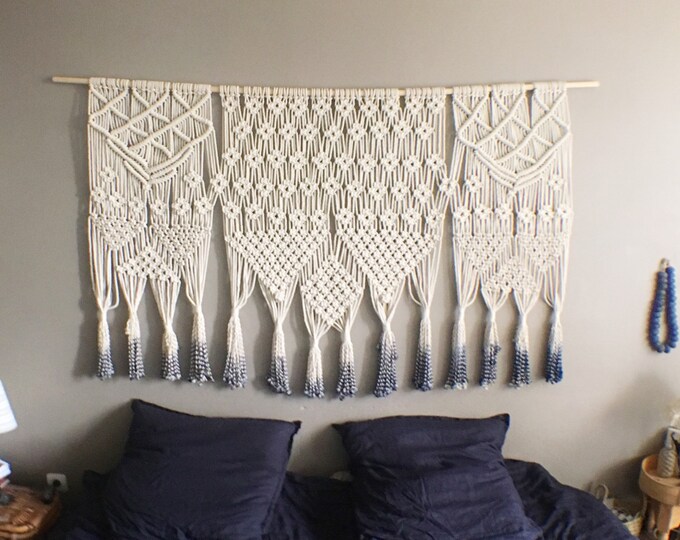 Oversized wall hanging . Handmade cotton rope macrame dip-dyed in indigo