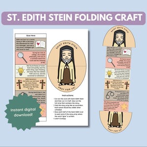 Puede incluir: Una manualidad plegable imprimible de Santa Edith Stein con instrucciones. El diseño presenta una ilustración de dibujos animados de Santa Edith Stein, junto con texto que describe su vida y una llamada a la oración. También se ven las palabras "¡Descarga digital instantánea!"