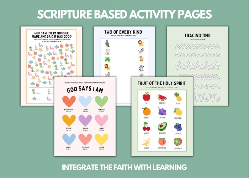 May include: A set of six printable activity pages for kids featuring colorful illustrations and scripture-based themes. The pages include a "God Saw Everything He Made and Said It Was Good" I Spy game, a "Two of Every Kind" matching activity, a "Tracing Time" worksheet, a "God Says I Am" affirmation activity, a "Fruit of the Holy Spirit" matching activity, and a "God Says I Am" affirmation activity.