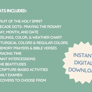 May include: A green background with white text listing the contents of a digital download. The text reads "WHATS INCLUDED:" followed by a list of items. A peach-colored starburst with blue text reads "INSTANT DIGITAL DOWNLOAD".