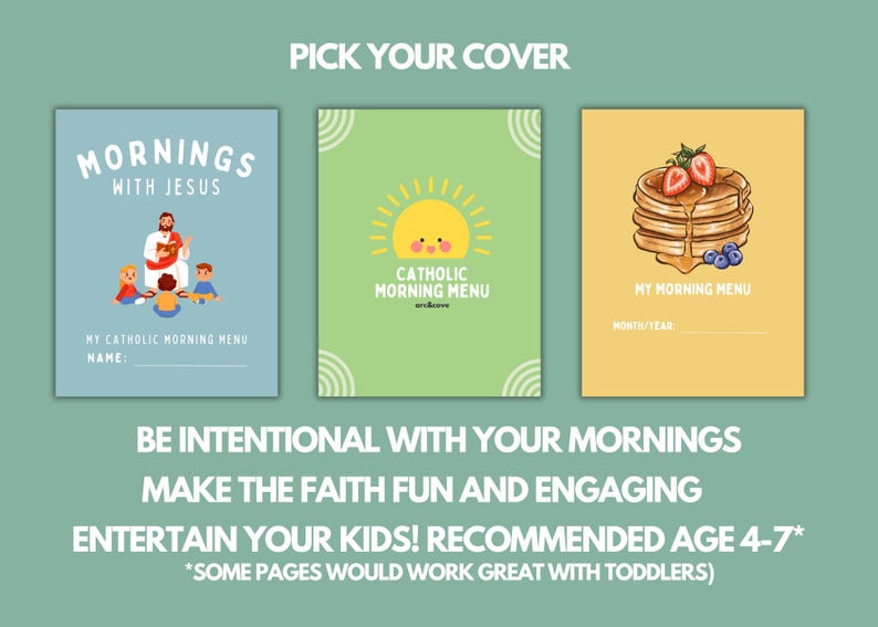 May include: Three different cover options for a Catholic morning menu for kids. The first cover features a cartoon image of Jesus teaching children. The second cover features a cartoon sun with a smiling face. The third cover features a stack of pancakes with strawberries and blueberries.