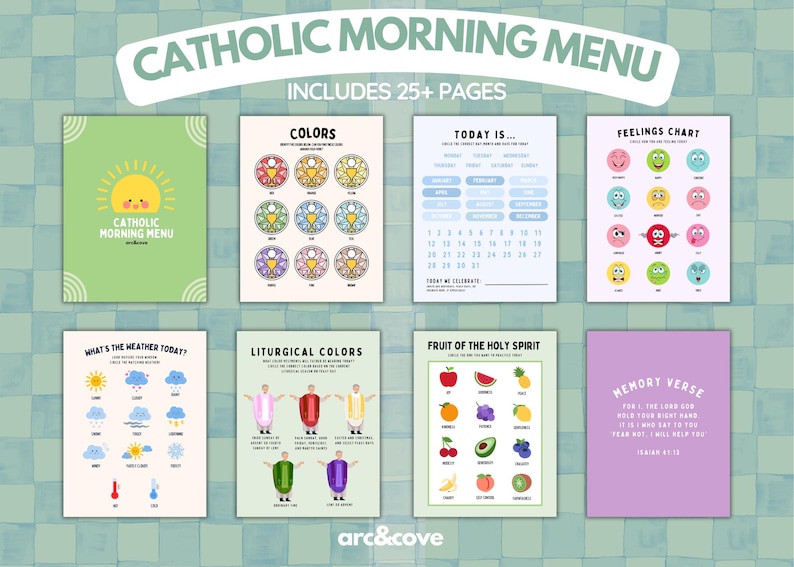 May include: A set of printable Catholic morning menu pages. The pages include activities like coloring the liturgical colors, a feelings chart, a fruit of the Holy Spirit chart, and a memory verse.