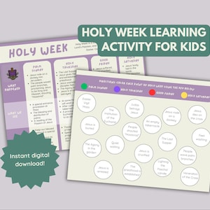 May include: Two educational worksheets for children about Holy Week. The worksheets feature text and illustrations about the events of Holy Week, including Palm Sunday, Holy Thursday, Good Friday, and Holy Saturday. The text "Holy Week Learning Activity for Kids" is at the top.