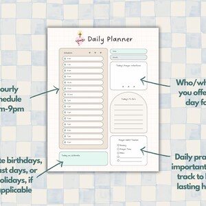 May include: A printable daily planner with a light brown background and a light blue border. The planner includes sections for a hourly schedule, today's prayer intentions, today's to do list, and a prayer habit tracker. The text "Daily Planner" is at the top of the page.