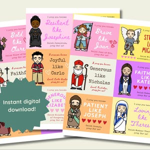 May include: A set of colorful digital download cards featuring illustrations of saints with inspirational messages. Each card has a unique design with text like "Bold like Clare" and "Resilient like Josephine". The cards are on a white background.