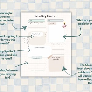 May include: A printable monthly planner with a light pink and green color scheme. The planner includes sections for a scripture memory verse, goals, a saint of the month, books to read, personal intentions, this month's to-dos, and feast days to celebrate.