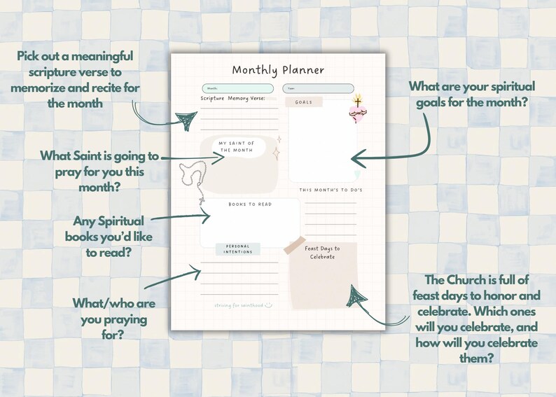 May include: A printable monthly planner with a light pink and green color scheme. The planner includes sections for a scripture memory verse, goals, a saint of the month, books to read, personal intentions, this month's to-dos, and feast days to celebrate.