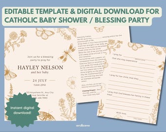 Activité catholique de baby shower, fête de bénédiction chrétienne pour la nouvelle maman, prière de fête de bénédiction imprimable, modèle modifiable de baby shower religieux