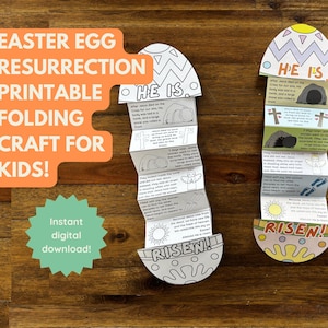 Puede incluir: Dos manualidades de papel con forma de huevo de Pascua con el texto "HE IS" y "RISEN!" impreso. Las manualidades están dobladas para revelar ilustraciones y texto sobre la resurrección. La imagen también incluye el texto "Easter Egg Resurrection Printable Folding Craft for Kids!"