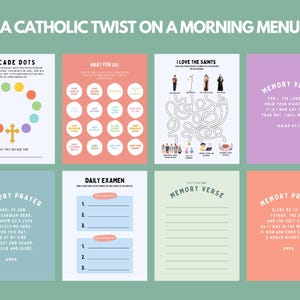 May include: A printable Catholic morning routine planner with colorful illustrations and activities. The planner includes sections for decade dots, praying for others, a daily examen, memory verses, and memory prayers.
