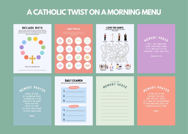 May include: A printable Catholic morning routine planner with colorful illustrations and activities. The planner includes sections for decade dots, praying for others, a daily examen, memory verses, and memory prayers.