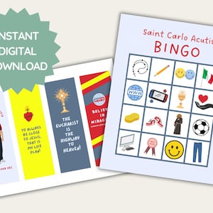 May include: A printable Saint Carlo Acutis Bingo game with a blue background and images of a rosary, pencil, smiley face, Italian flag, website icon, a video game controller, a chalice, a hand with a heart, a bar of soap, red sneakers, a monk, a soccer ball, a computer, a ribbon, and a pair of blue jeans.