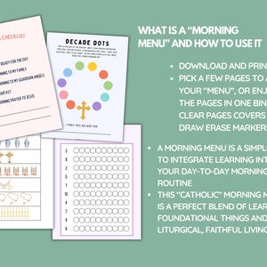 May include: A printable Catholic morning routine checklist with a colorful decade rosary dot chart, a checklist for brushing teeth, getting dressed, saying good morning to family and guardian angels, eating breakfast, and saying a morning prayer to Jesus. The checklist also includes a chart for counting decades of the rosary.
