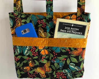 Walker, Mobility Bag with Butterflies on Black fabric and Adjustable Straps