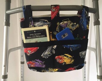 Walker Bag Quilted with Hot Rod Cars or Western Saddles, Walker Saddle Bag, Mobility Bag, Rollator Bag