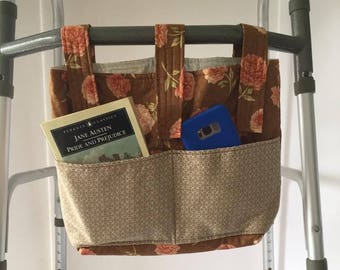 Walker Bag Quilted with Flowers, Walker Saddle Bag, Mobility Bag, Rollator Bag