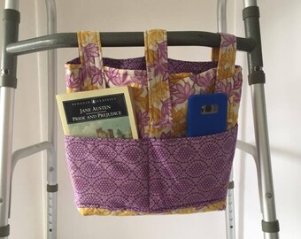 Walker Bag Quilted with Purple Flowers, Walker Saddle Bag, Mobility Bag, Rollator Bag