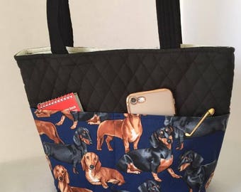Dachshund Tote, 4 Outside Pockets, 6 Inside Pockets, Magnetic Snap Closure